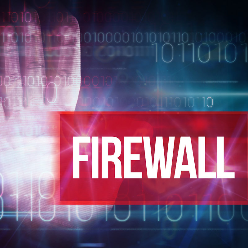 "Firewall" with a red background in front of a hand.