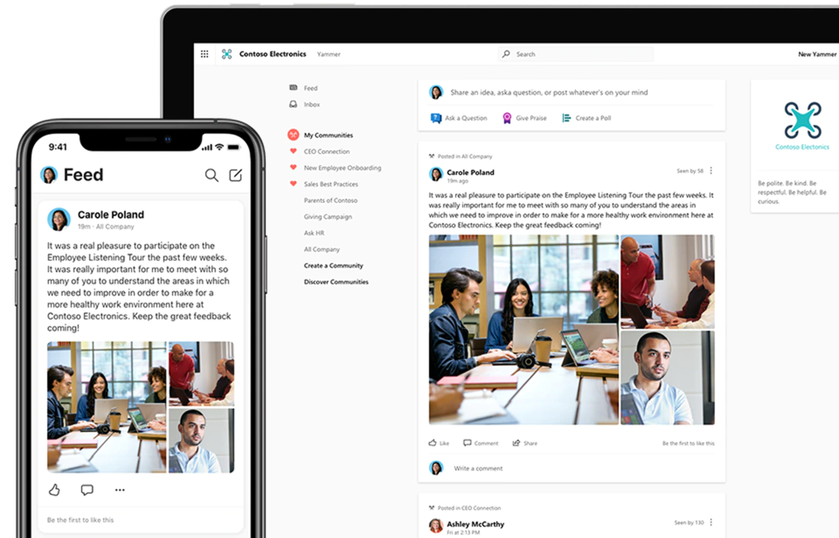 Yammer interface on desktop and mobile