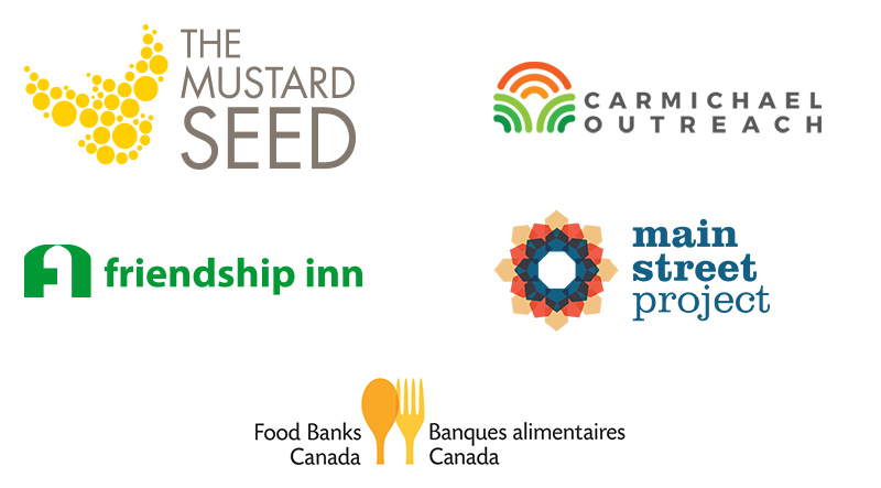 The Mustard Seed, Carmichael Outreach, Friendship Inn, The Main Street Project, and Food Banks Canada logos 